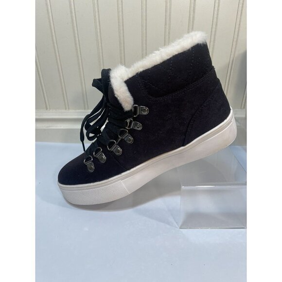 MUDD BEYLEY FAUX FUR HIGH TOP SNEAKERS SHOES FUR TRIM BLACK SIZE 6 - Picture 2 of 15